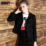 Krazy2016春装新款 花呢时尚套装女 小香风进口毛呢格纹西装+短裙