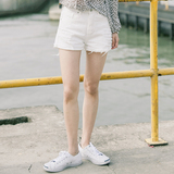 遇见 纯棉牛仔短裤女 白色破洞卷边直筒显瘦短裤2016夏装新款