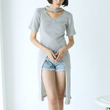 韩版时尚短袖休闲纯色圆领女夏季修身显瘦开叉过膝长款针织衫