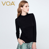 VOA 黑色蚕丝针织衫T恤女长袖蕾丝拼接 真丝打底衫 保暖内衣