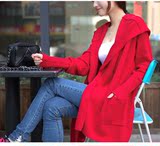 2016韩版蘑菇街春季新款宽松中长款针织开衫甜美毛衣外套连帽女装