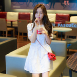 夏季韩版白色连衣裙雪纺甜美小清新高腰圆领修身短袖A字裙韩国F24