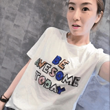 欧洲站欧货2016春装韩版新款时尚女装圆领亮片字母短袖T恤上衣潮