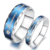 蓝色戒指镶嵌砖石戒指 男钛钢情侣对戒潮人个性学生指环饰品对戒