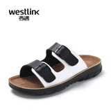 Westlink西遇男鞋2016夏季新款黑白一字型沙滩拖男士皮扣带凉拖鞋