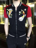 2016夏季新款男士韩版修身个性双丝光红黑拼树枝小鸟刺绣开衫T恤