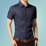 夏季男士短袖衬衫男修身型薄款纯棉麻商务休闲纯色青年衬衣男装