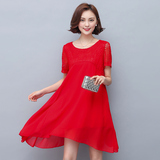 大码孕妇装裙子夏季新款韩版蕾丝拼接短袖胖MM夏装红色雪纺连衣裙