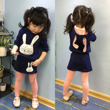 2016春秋装新款儿童套装7岁女童装卡通兔子连帽卫衣裤裙假两件套