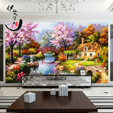 欧式油画山水风景树林客厅沙发壁纸电视背景墙墙纸壁画3D立体田园