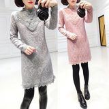 2015冬装新款女装韩版蕾丝钩花加厚纯色宽松显瘦蕾丝裙子连衣裙