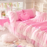韩式公主风床单被套婚庆粉红色三四件套春夏蕾丝纯色儿童床上用品