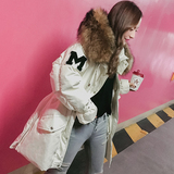 2015冬季女装新品韩版收腰加厚中长款大毛领工装棉衣外套字母棉服