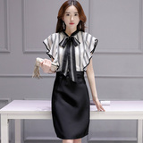 2016夏季新款女装韩版职业气质雪纺衬衫假两件套装修身条纹连衣裙