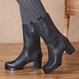 欧美时尚大码女靴40-43码真皮中筒靴高跟圆头手工原创马靴