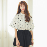 2016年韩版夏季新品百搭棉麻波点立领黑白圆点衬衫女短袖衬衣包邮