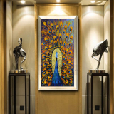 欧式抽象油画纯手绘客厅竖版现代玄关装饰画过道手工立体挂画孔雀