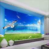 3d地中海蓝天墙纸客厅电视背景墙壁纸海景海鸥风景影视墙壁布壁画