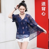 2016夏季新款韩版女装宽松蝴蝶绣花喇叭袖雪纺衫五分袖上衣