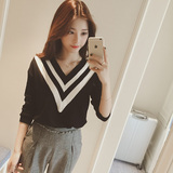 2016春装新款韩版修身显瘦V领短款针织衫女装长袖毛衣外套打底衫