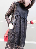 欧洲站2016春装新款潮蕾丝连衣裙女中长款拼针织长袖打底衫两件套