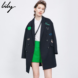 Lily2016秋新款女装欧美印花宽松双排扣西装式风衣116120C1128