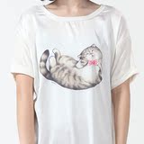 妙吉MEWJI原创猫咪印花家居两用服长T恤可爱舒适白色款狸花猫图