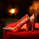 中国风绸缎刺绣真皮单鞋女低跟中跟高跟浅口尖头红色婚鞋细跟包邮