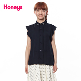 Honeys夏季镶钻领花边袖短袖雪纺衬衫519-63-7697