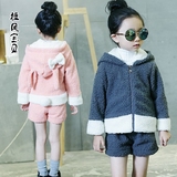 韩版童装2016新款女童套装可爱兔子耳朵外套+短裤加绒加厚二件套