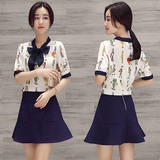 2016夏季新款韩版修身蝴蝶结雪纺衬衫半身裙套装短裙两件套连衣裙