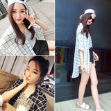 2015夏季韩版格子衬衫女宽松中长款薄款雪纺外搭衬衣防晒开衫女潮