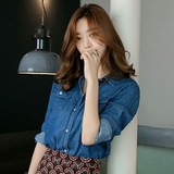 韩国代购秋款女装 纯色直筒型休闲中长款长袖衬衣女全棉牛仔衬衫