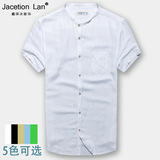 高端大码男装外贸原单夏季中国风亚麻衬衫棉麻料宽松短袖立领衬衣
