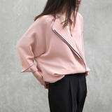 【MONA】2015秋冬新品宽松9分袖不对称翻领上衣蝙蝠袖包边衬衫女