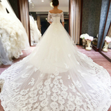 2016新款韩式简约宫廷蕾丝一字肩长袖新娘婚纱礼服修身显瘦长拖尾
