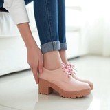 2016春季新款单鞋女中跟粗跟米色粉色深口高跟鞋绑带甜美短靴学生