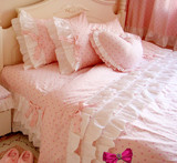 公主纯棉四件套春秋床单床上用品被套韩版田园全棉床裙粉1.8粉色