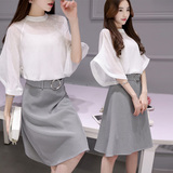 韩国2016夏季新款时尚简约小香风圆领雪纺七分袖高腰中长款套装裙