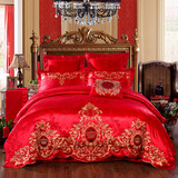结婚四件套 全棉贡缎刺绣六件套大红色婚庆欧式床品床单式2.0m床