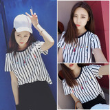 韩版2016夏季女装新款条纹刺绣T恤圆领拼接短袖套头宽松上衣服潮t