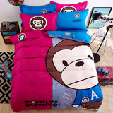 卡通纯棉四件套韩版猴子熊猫简约英伦全棉床上被套蓝黄1.8M 春夏