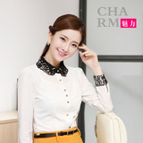 2015秋季韩版高档蕾丝雪纺衬衫女长袖纯色职业保暖加绒加厚白衬衣
