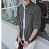 夏季男装潮流立领小清新衬衣青少年亚麻韩版口袋男士七分袖衬衫