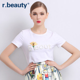 r．beauty2016夏新款大码女装钉珠字母上衣白色短袖T恤衫r16B8259