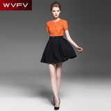 WVFV2016秋季新款气质修身短袖圆领显瘦蕾丝镂空假两件拼接连衣裙