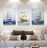 航海帆船三联无框画客厅卧室装饰画仿制油画玄关风景遮挡挂画墙画