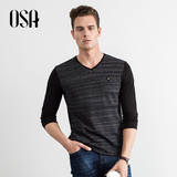 OSA欧莎男士长袖T恤男装 修身时尚V领撞色长袖T恤衣服C11108