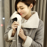 韩国代购2015韩版新款麂皮绒外套羊羔毛女中长款加厚大衣毛呢外套