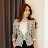 韩国代购高端女装职业韩版小香风香奈儿珍珠扣修身灰色小西服外套